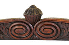 amazingly hand-crafted 19th century darkly varnished carved oak wood residential fireplace header with volutes and detailed foliage