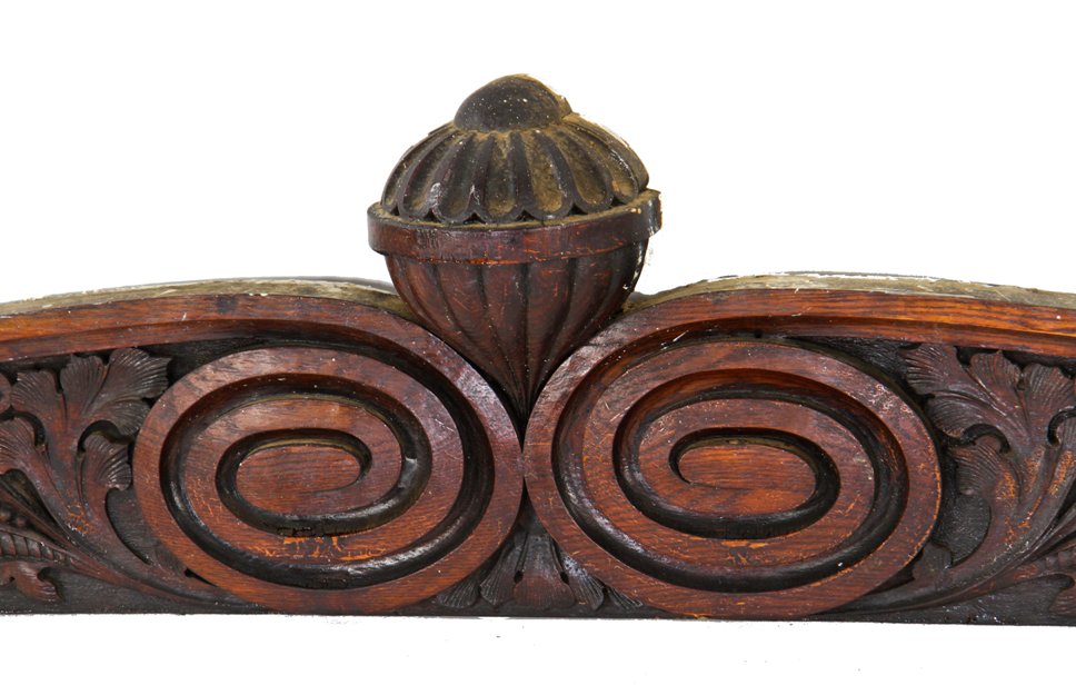 amazingly hand-crafted 19th century darkly varnished carved oak wood residential fireplace header with volutes and detailed foliage