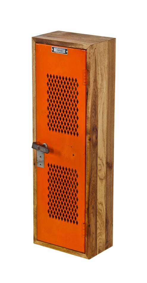 compact repurposed american industrial  single orange enameled hinged door locker unit with sturdy hickory wood cabinet