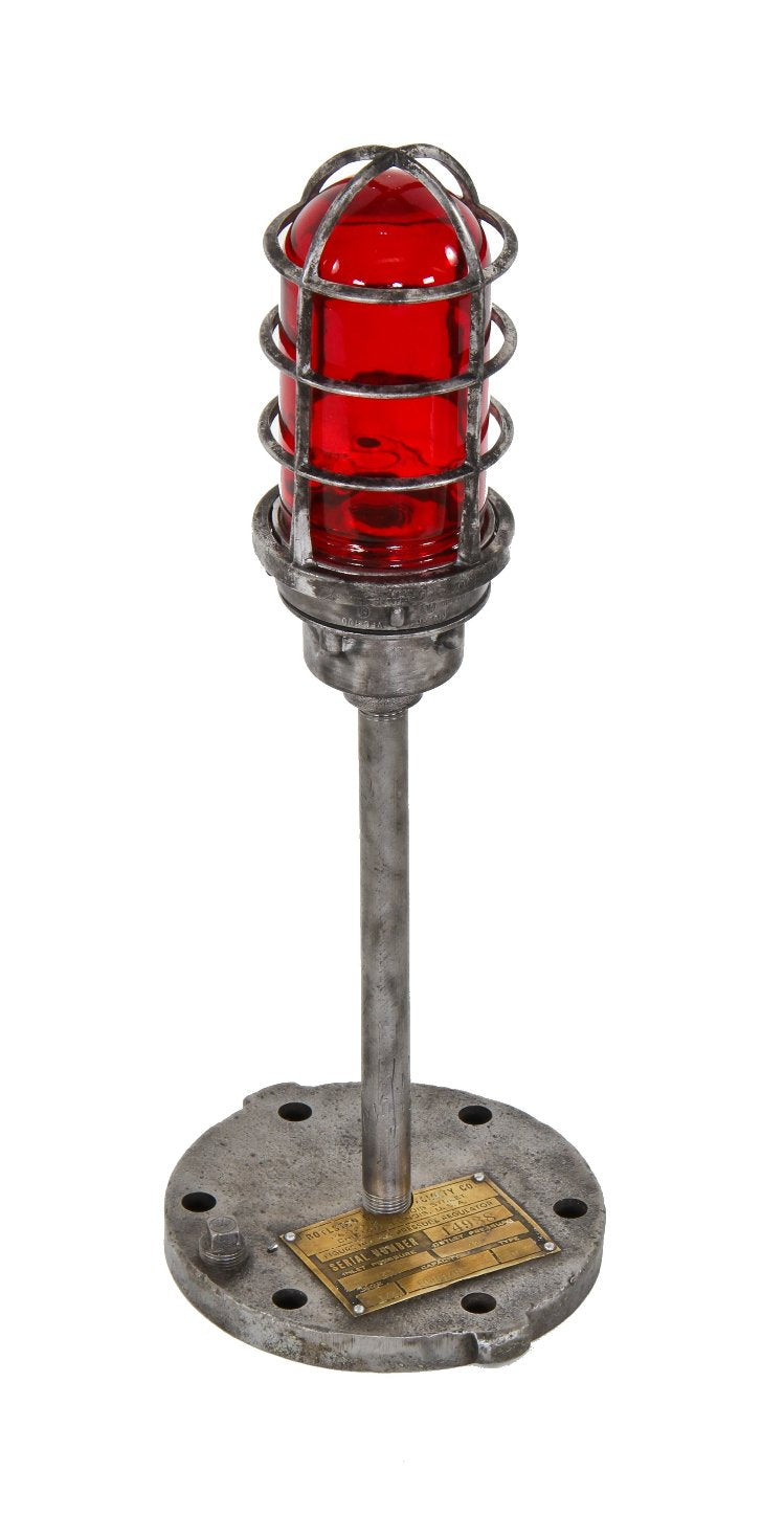 unique repurposed vintage american industrial electrified "unilet" table or desk lamp with intact caged ruby red glass globe