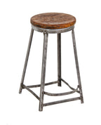 original c. 1930's antique american industrial riveted joint angled steel four-legged machine shop factory stool nicely distressed pine wood seat
