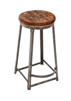 american 1930's antique industrial riveted joint angled steel four-legged factory machinist stool with original pine wood seat
