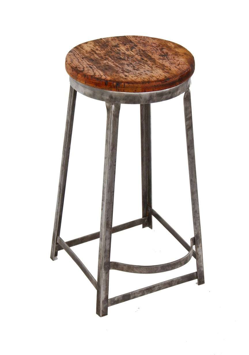 american 1930's antique industrial riveted joint angled steel four-legged factory machinist stool with original pine wood seat