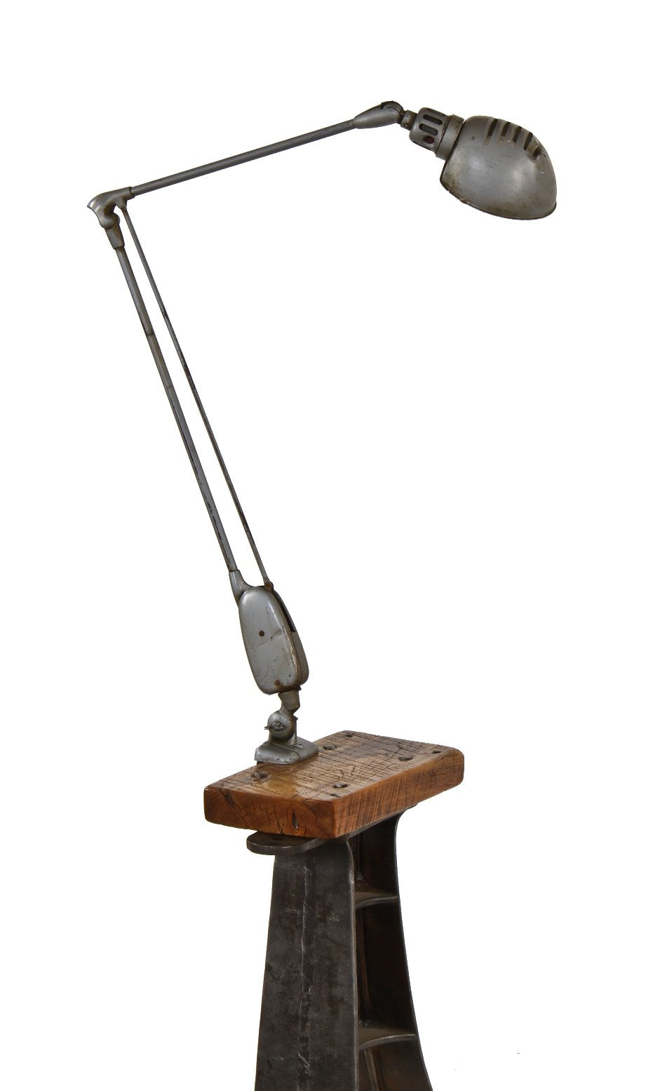 original early 1950's vintage american industrial factory workbench machinist fully adjustable "floating arm" task lamp with patented aluminum reflector