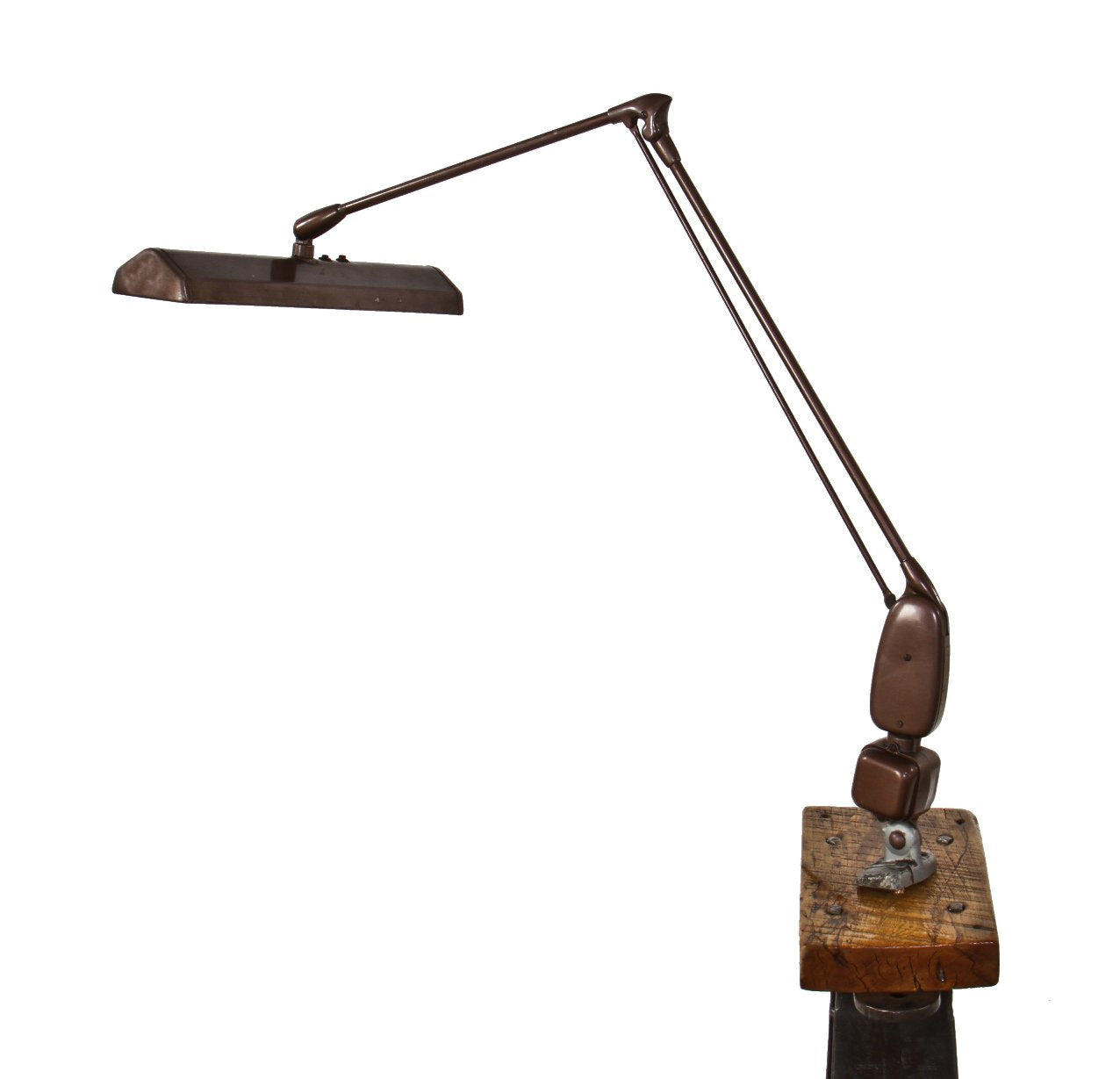 anodized bronze enameled american industrial "floating arm" factory machine shop workbench clamp-on adjustable fluorescent task lamp