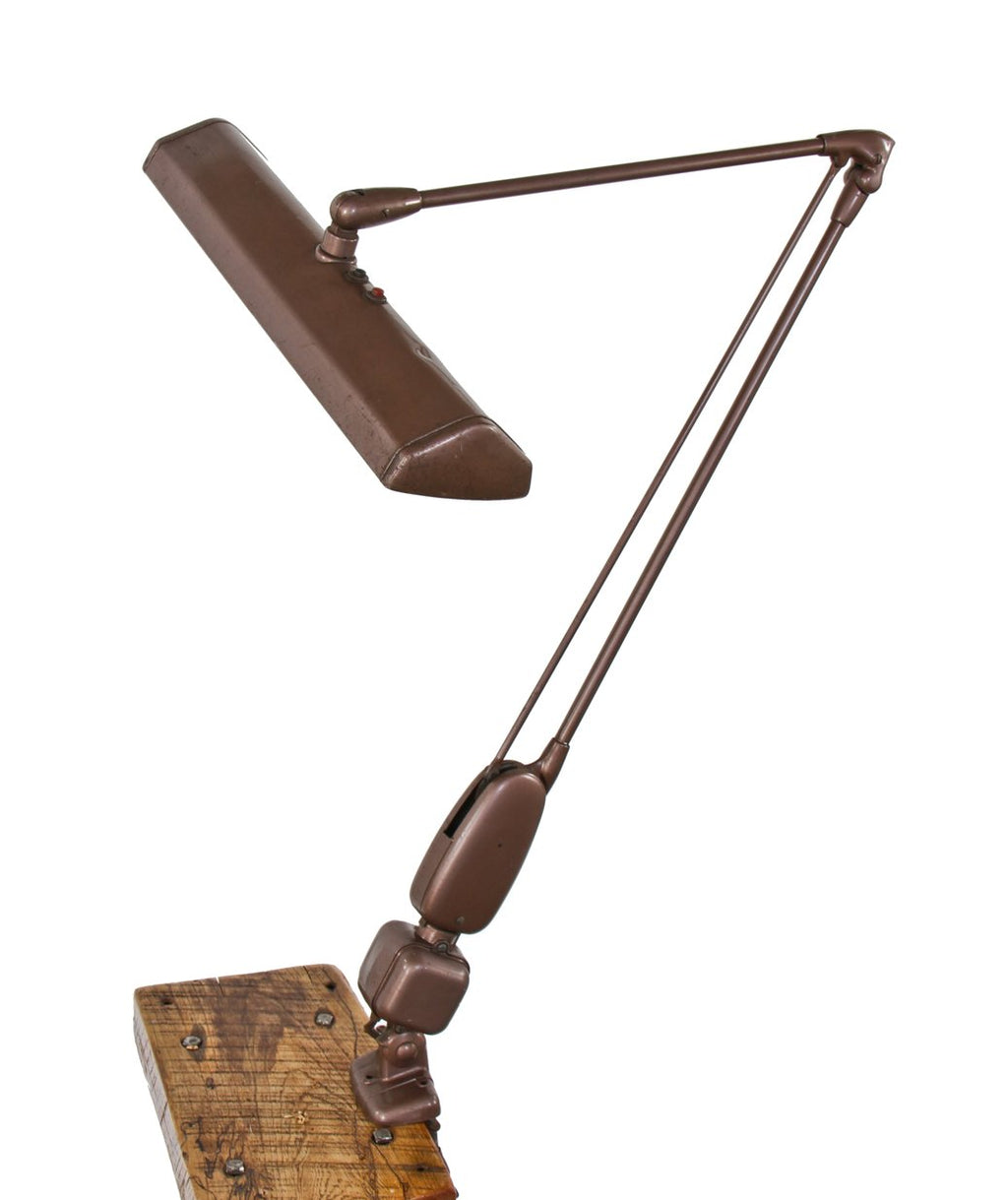 c. 1950's original and intact anodized bronze enameled clamp-on draftsman table "floating arm" adjustable twin tube fluorescent task lamp
