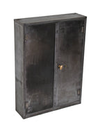 all original and completely intact refinished wall-mount or workbench double door heavy gauge welded and riveted joint steel supply cabinet