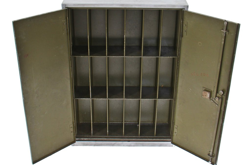 all original and completely intact refinished wall-mount or workbench double door heavy gauge welded and riveted joint steel supply cabinet