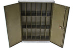 all original and completely intact refinished wall-mount or workbench double door heavy gauge welded and riveted joint steel supply cabinet