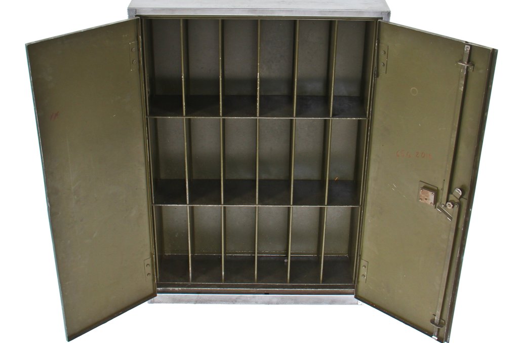 all original and completely intact refinished wall-mount or workbench double door heavy gauge welded and riveted joint steel supply cabinet