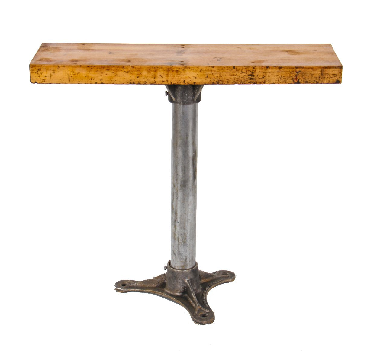 repurposed c. 1930's american industrial stationary cast iron and steel factory bench grinder base with newly added maple wood tabletop