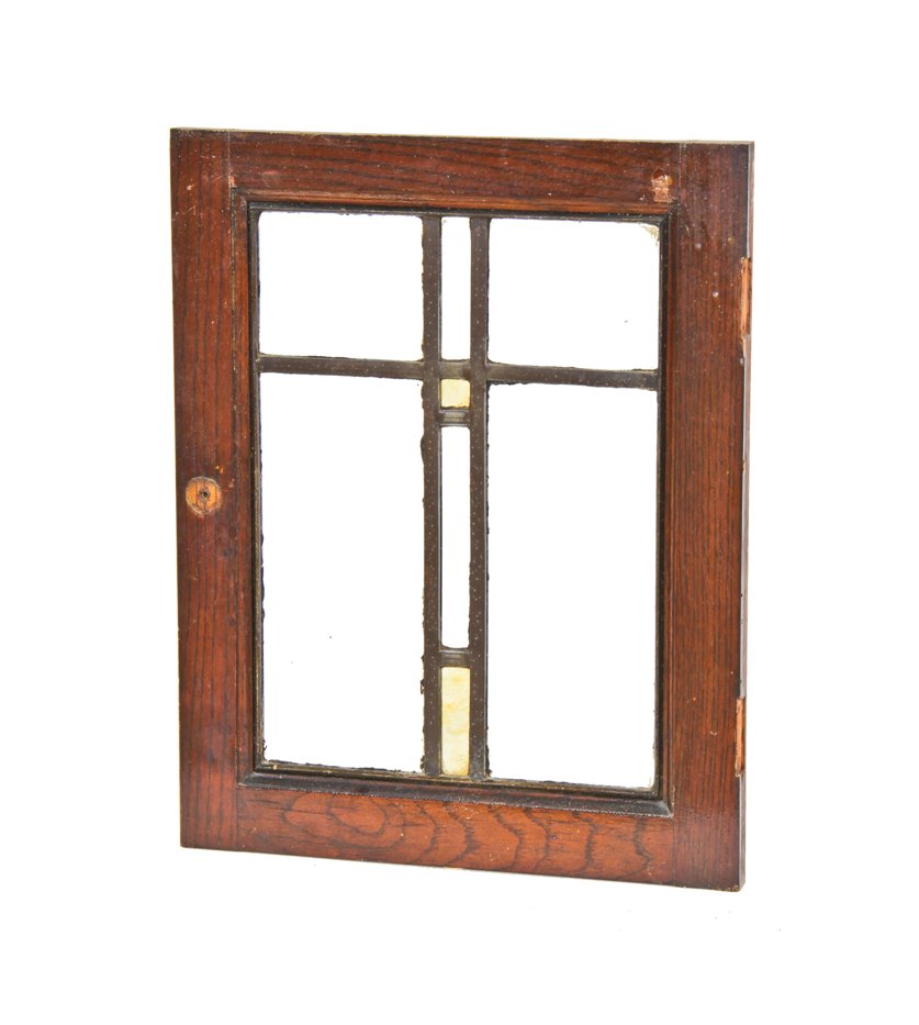 intact antique american interior residential diminutive varnished oak wood chicago bungalow casement window with caramel glass slag