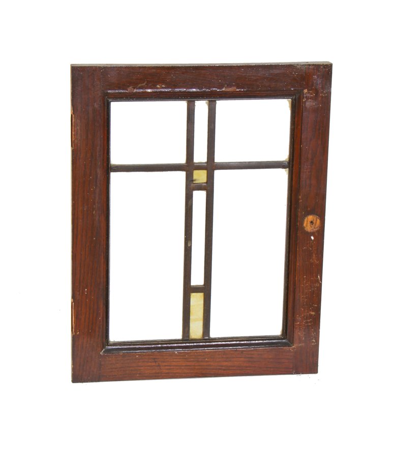 completely intact early 20th century varnished oak wood interior residential prairie school style art glass casement window