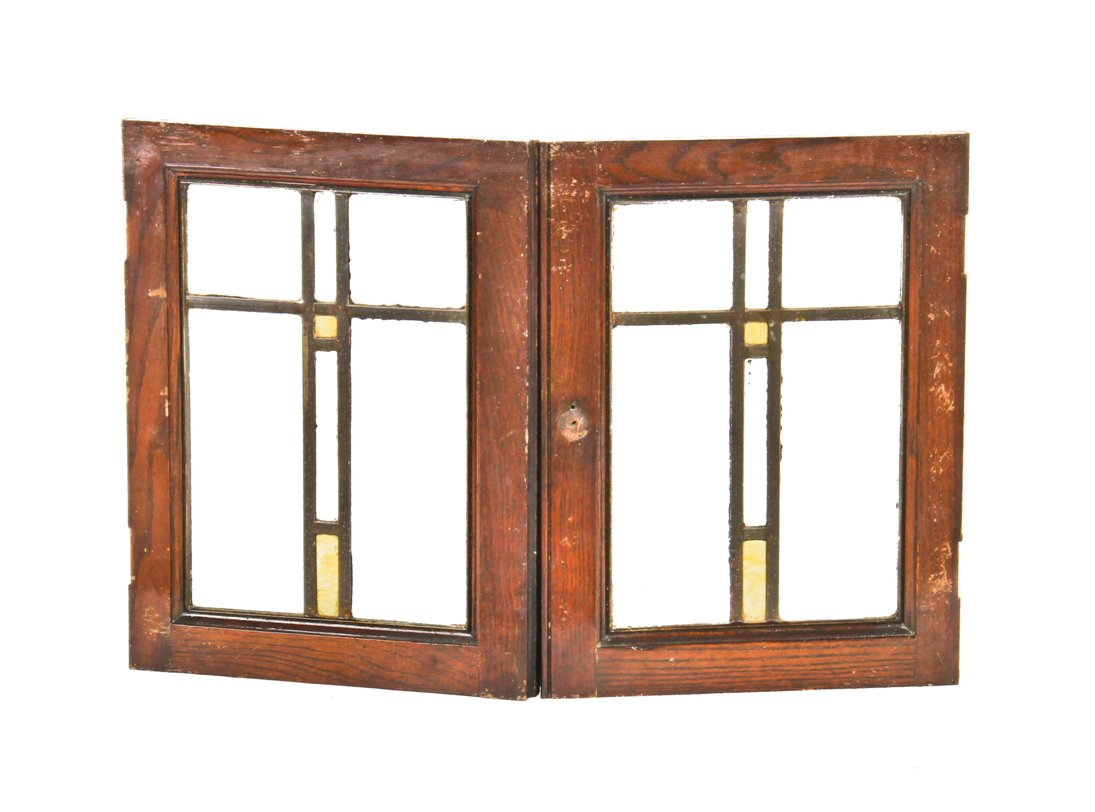 two original early 20th century antique american interior residential varnished oak wood prairie style cabinet doors with zinc caming