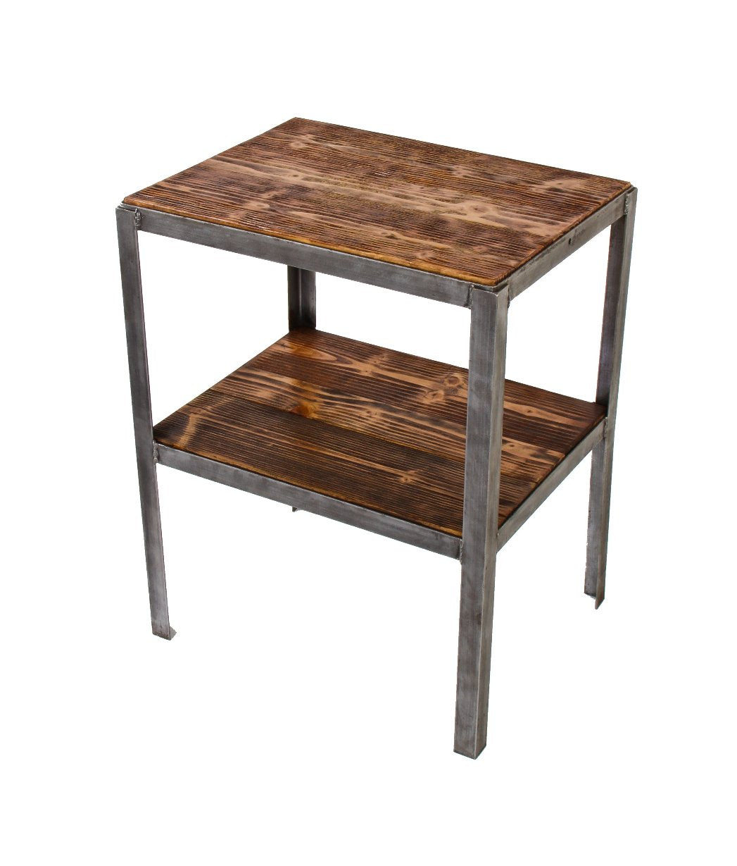 repurposed c. 1930's american industrial welded joint heavy gauge steel two tier stationary side table with newly added pine wood top and undershelf