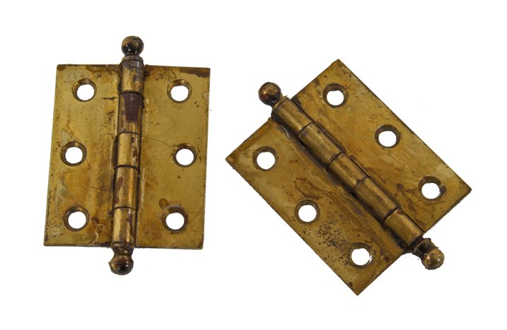 set of c. 1910-20 original unornamented brass-plated wrought steel interior residential cabinet door hinges with ball finials