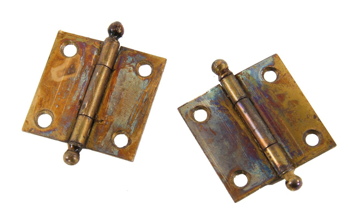 original and intact early 20th century antique american brass-plated wrought steel diminutive cabinet door hinges