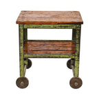 impressive c. 1920's american antique industrial weathered green enameled angled iron two tier machine shop cart with pine wood shelves