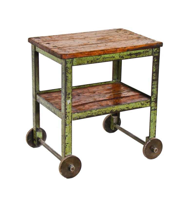 impressive c. 1920's american antique industrial weathered green enameled angled iron two tier machine shop cart with pine wood shelves