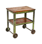 impressive c. 1920's american antique industrial weathered green enameled angled iron two tier machine shop cart with pine wood shelves