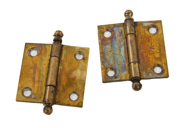 matching set of 1910-20 antique american brass-plated unadorned wrought steel diminutive cabinet door hinges with ball finials