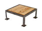 repurposed vintage american industrial heavy duty reinforced all-welded angled iron low-lying four-legged coffee table with newly added wood inset