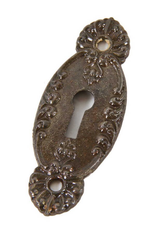 original early 20th century oversized ornamental cast iron "cambridge" pattern residential entrance or vestibule door keyplate