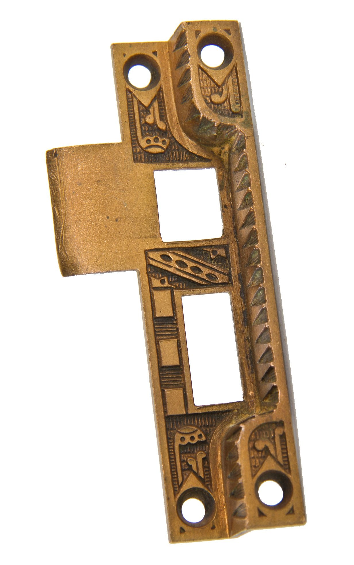 single 19th century original ornamental cast bronze exterior residential door rabbeted mortise strike plate or catch with mostly uniform patina