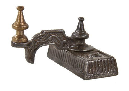 original antique american victorian era ornamental cast iron interior residential swing-arm sash lock with brass steeple finial