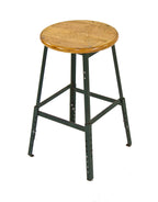 c. 1940's original and intact american industrial pollard four-legged factory machine shop angled steel stool with maple wood seat