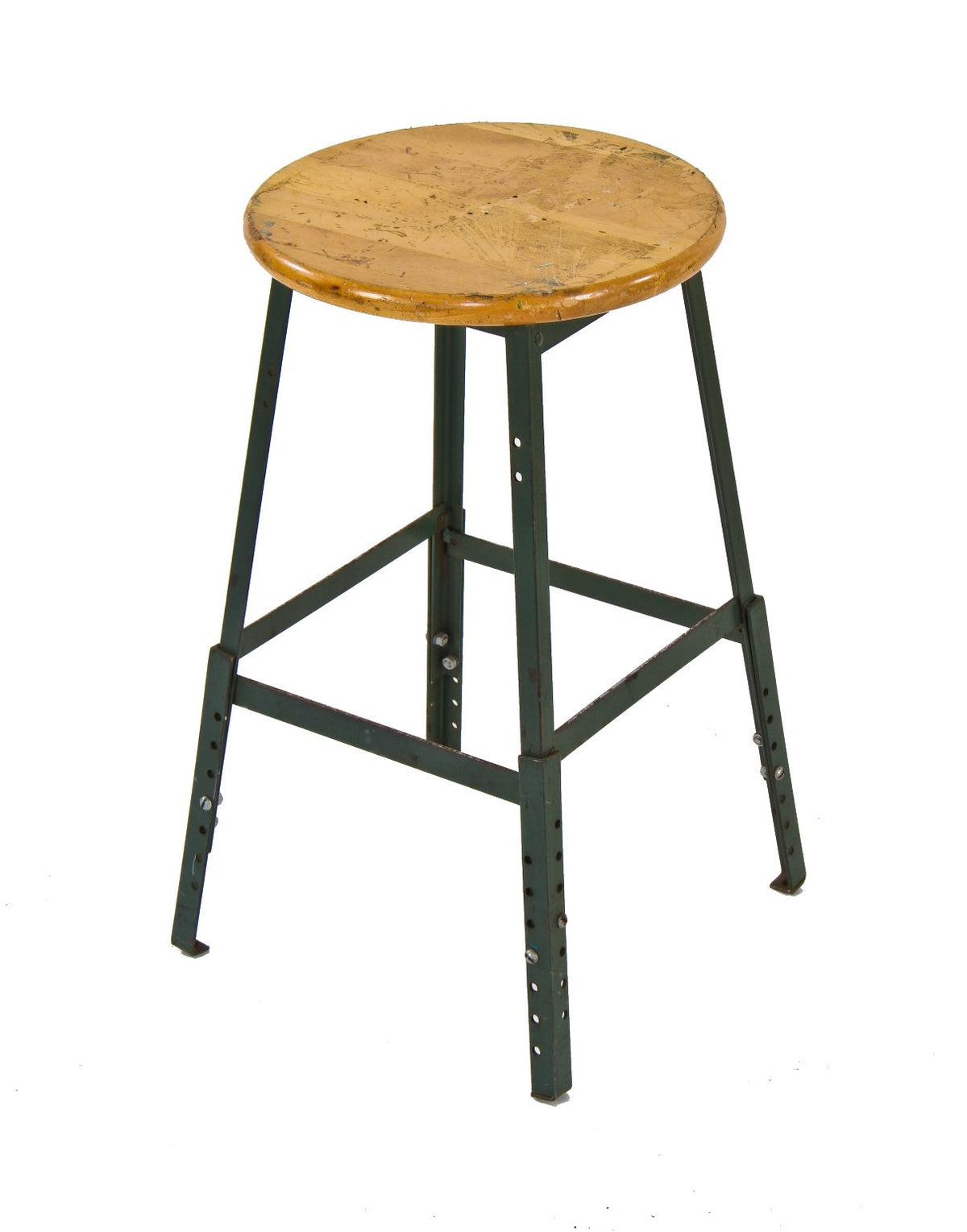 c. 1940's original and intact american industrial pollard four-legged factory machine shop angled steel stool with maple wood seat