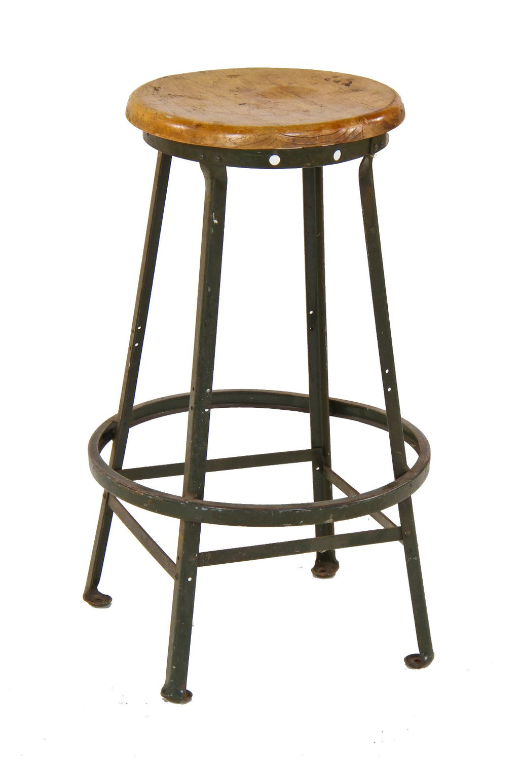 all original c. 1930's american vintage industrial riveted joint angled steel four-legged stool with heel ring and maple wood seat