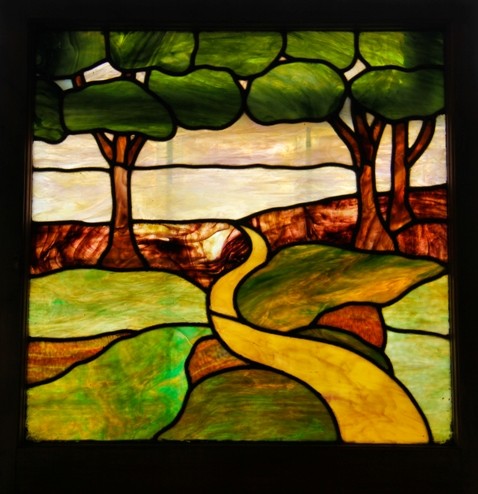 c. 1911 original american antique arts & crafts or craftsman style variegated stained glass residential landscape window