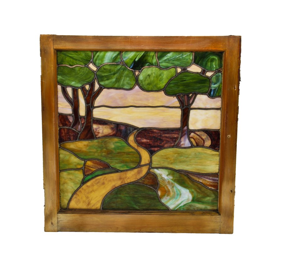 c. 1911 original american antique arts & crafts or craftsman style variegated stained glass residential landscape window