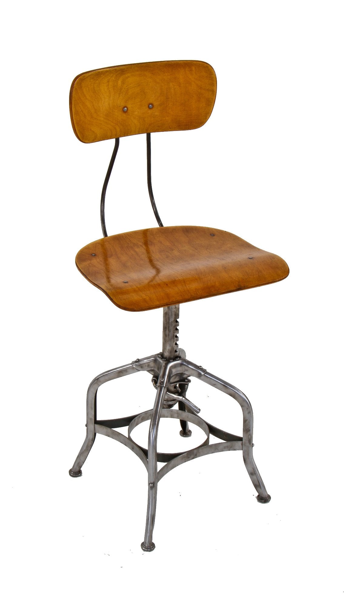 refinished american c. 1930's antique industrial adjustable height "uhl art steel" brushed metal stool with maple wood saddle seat