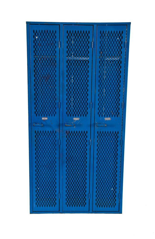intact c. 1950's vintage american industrial three-unit freestanding factory lunchroom locker with original vibrant blue enameled finish