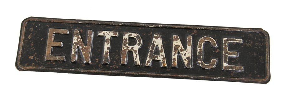 c. 1930's original vintage american single-sided stamped steel "entrance" black and white enameled informational sign