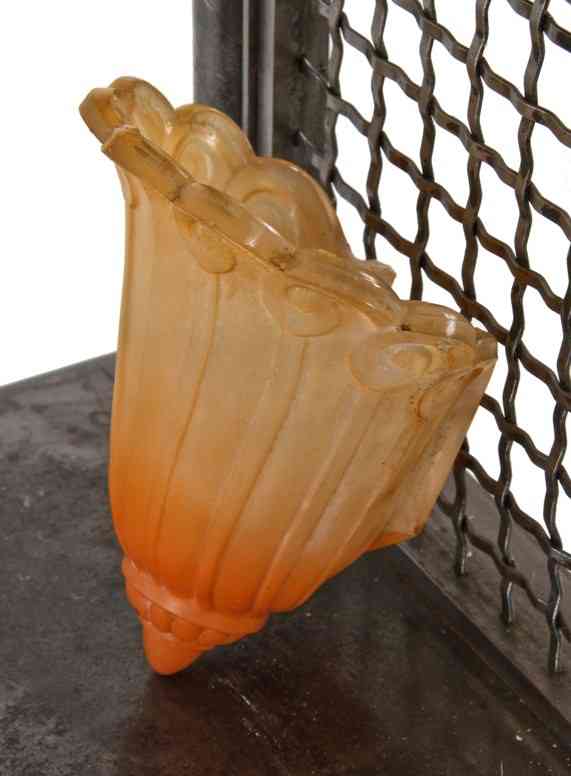 single early 1930's american art deco style ornamental two-tone baked enameled "fleur-de-lis" pattern light fixture replacement slip shade