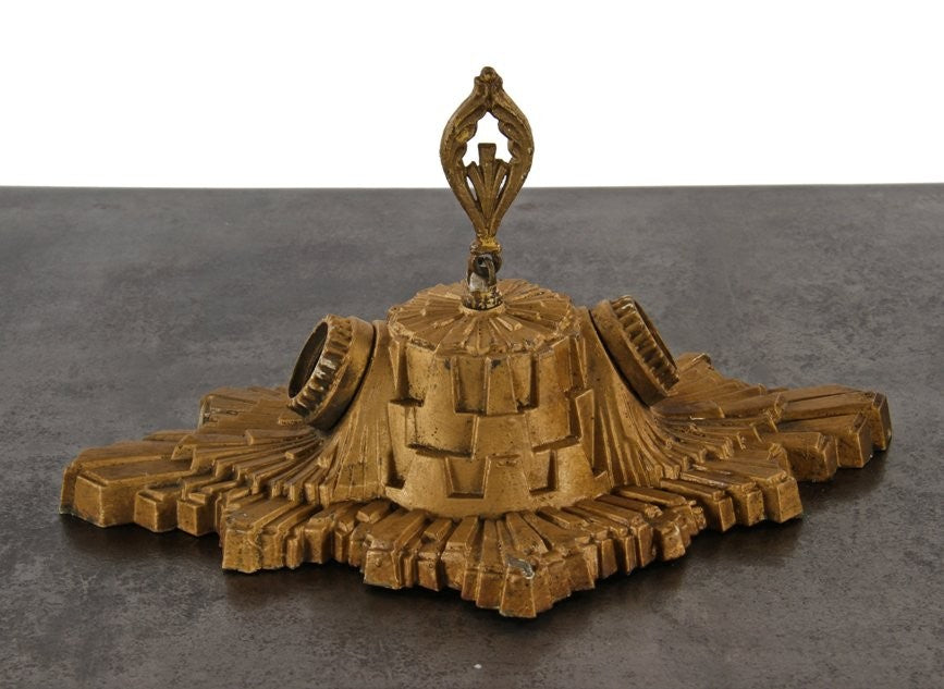 c. 1930's antique american interior residential art deco style metallic gold enameled die-cast zinc metal two-light bare bulb ceiling fixture