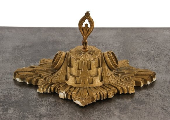 all original american art deco depression era interior residential ornamental metallic gold enameled "pot metal" two-light bare bulb ceiling fixture