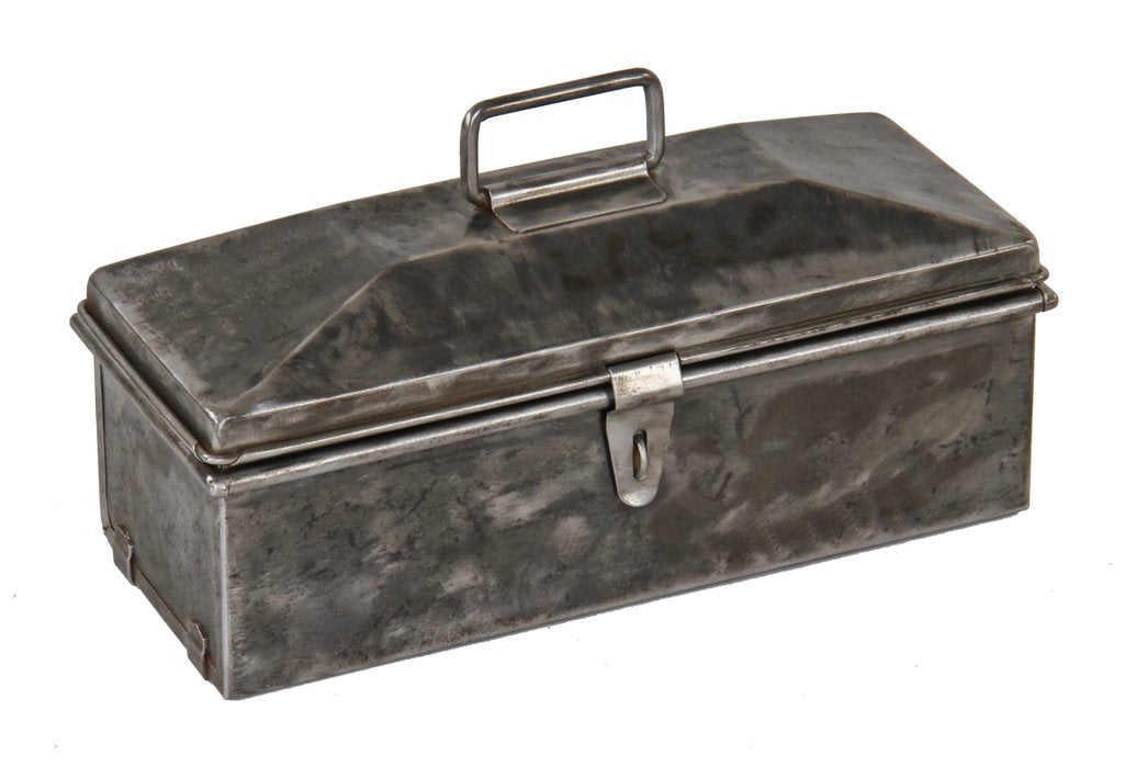 heavily reinforced late 1930's original and intact pyramidal-shaped workman's portable toolbox with lockable hasp and drop handle