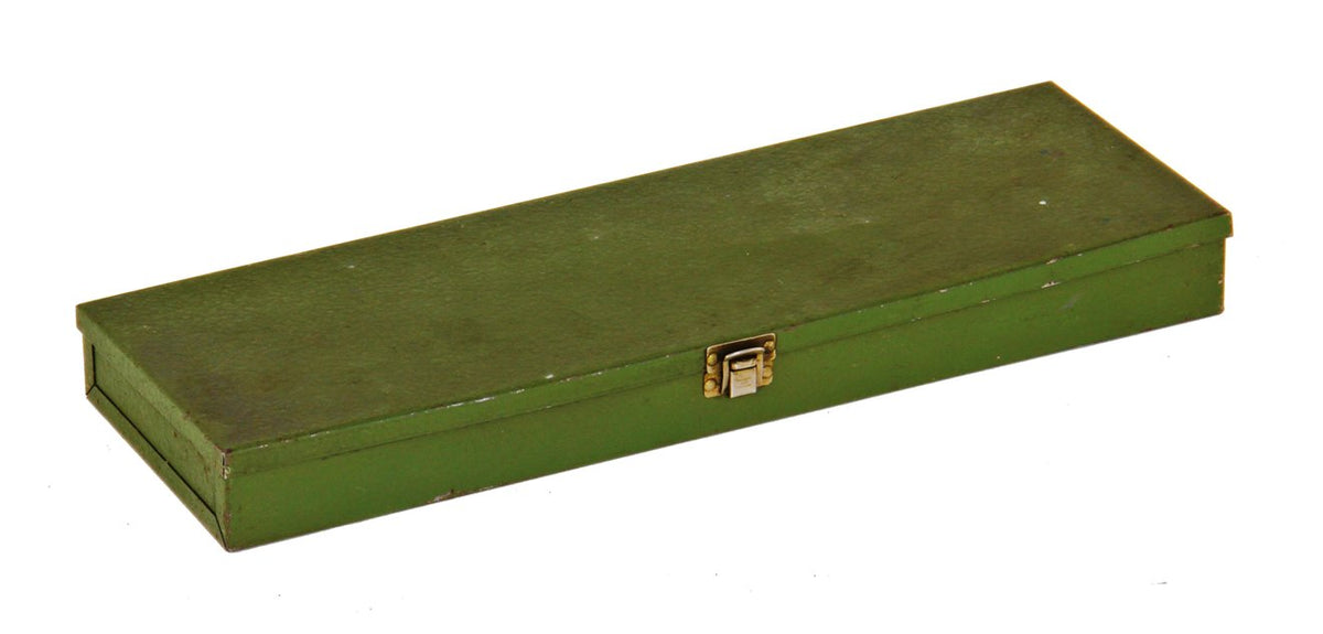 compact c. 1950's american vintage industrial pressed and folded steel baked green enameled single compartment specialty tool storage box