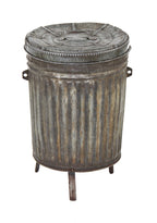 patented c. 1930's antique american industrial corrugated steel three-legged factory machine shop trash can with removable top