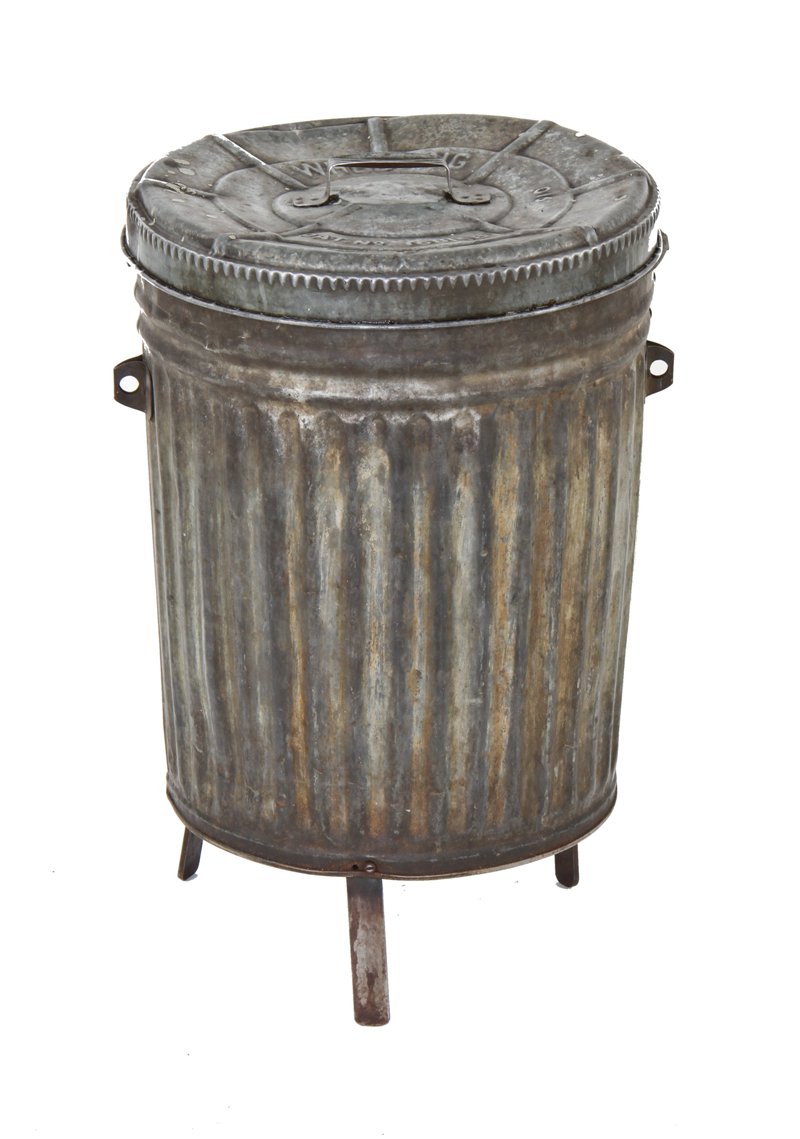 patented c. 1930's antique american industrial corrugated steel three-legged factory machine shop trash can with removable top