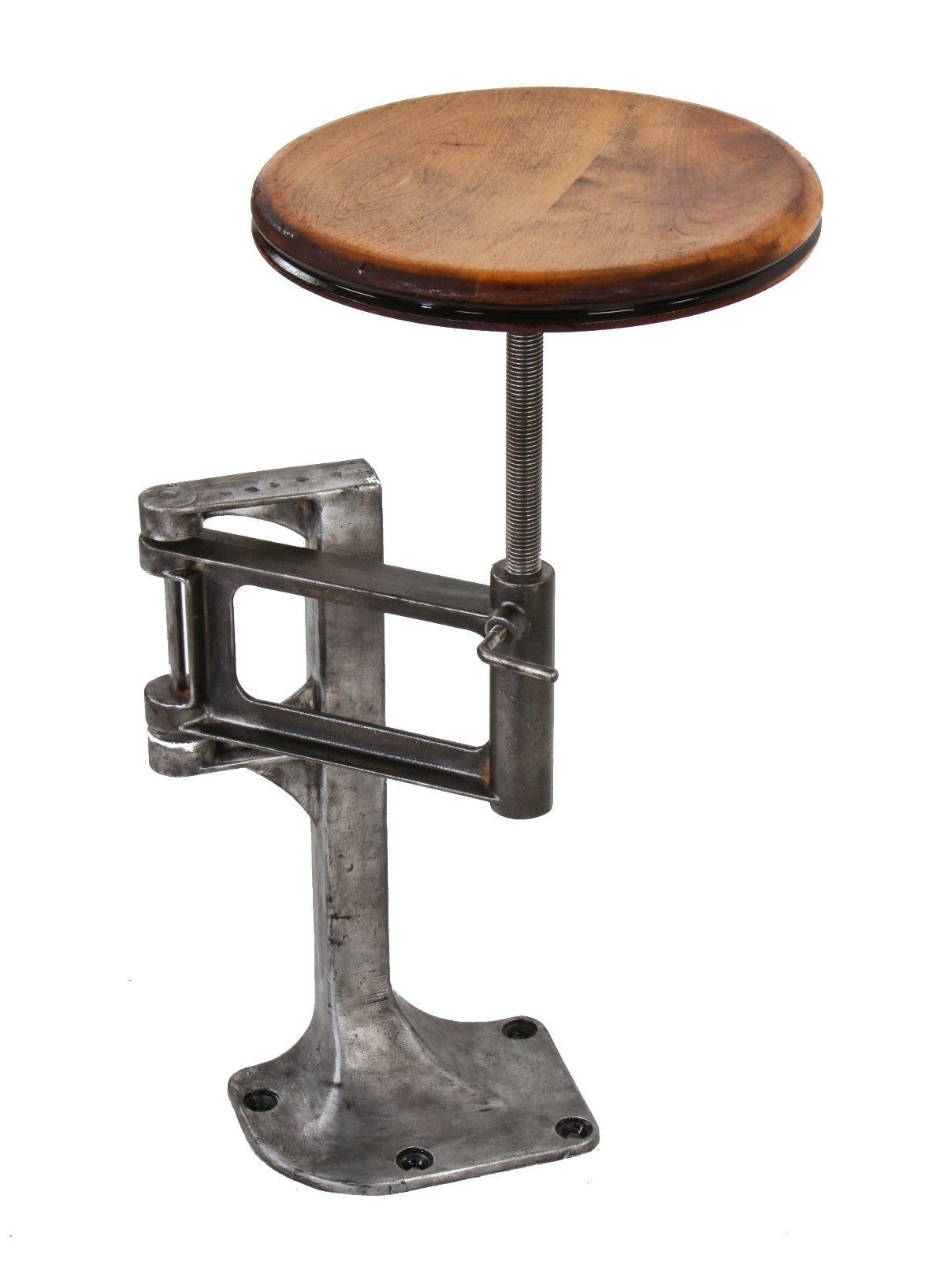 very unusual vintage american industrial "swing-way" adjustable height seat ship captain's stool with mahogany seat
