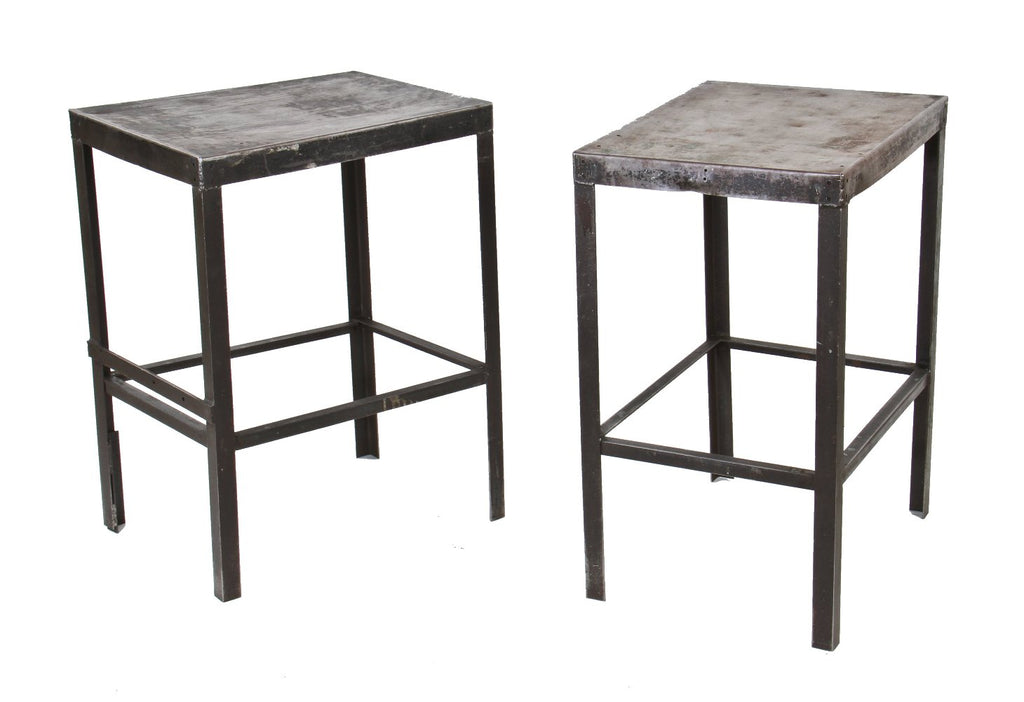 matching set of original vintage american industrial riveted and welded joint angled iron stationary factory side tables