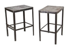 matching set of original vintage american industrial riveted and welded joint angled iron stationary factory side tables