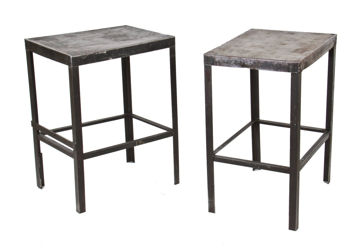 matching set of original vintage american industrial riveted and welded joint angled iron stationary factory side tables