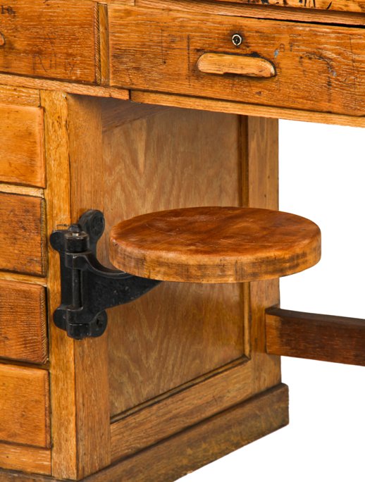 hard to find all original early 1920's american antique industrial swing-out seat chemistry laboratory maple wood workbench