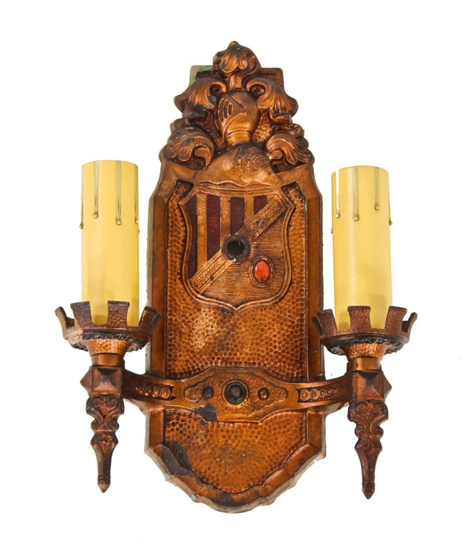 unique late 1920's american interior movie theater lobby wall-mount spanish revival style cast iron double-arm electric sconce with original finish